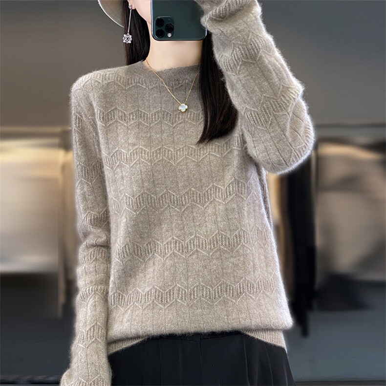 时尚百搭圆领花型羊毛针织衫女秋冬必备保暖毛衣,女装羊毛衫,隆格羊绒