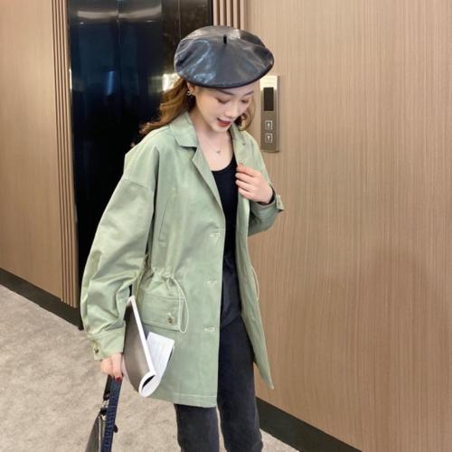 香丽迪抽绳收腰风衣女春夏新款绿色小个子休闲外套中长,女装风衣,香丽迪1