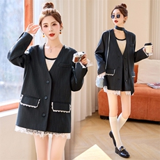 小香风蕾丝拼接西装外套女春秋2025新款小个子灰色西服慵懒风气质，女装西装，妙形