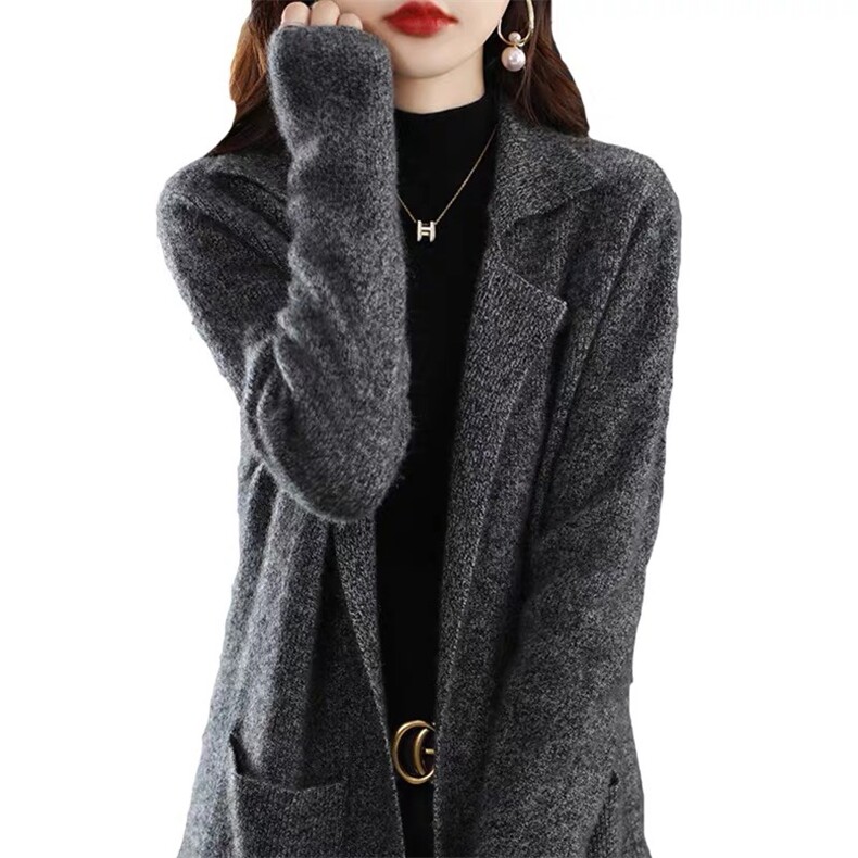 中长款V领带兜35%羊绒大衣女秋季新款韩版显瘦针织百搭外套，女装羊绒大衣，以美红杉羊绒