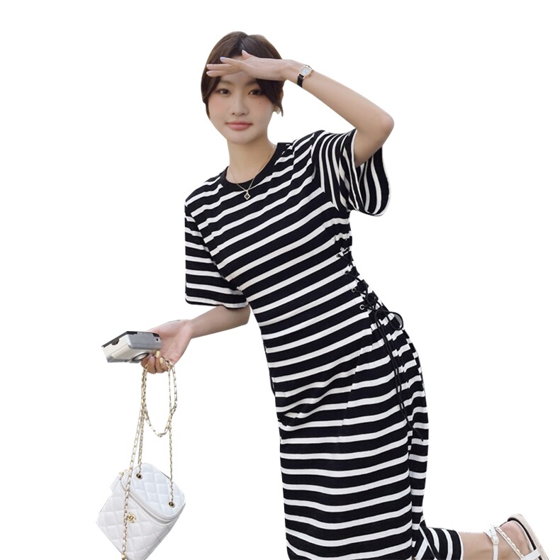 新款现货条纹抽绳修身连衣裙212A-610-P100-155,女装连衣裙,浙宝212A