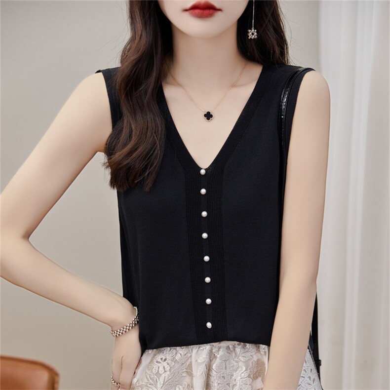 透气冰丝针织吊带背心女V领轻薄修身遮副乳夏季内搭无袖钉珠上衣，女装背心吊带，暖姿羊绒
