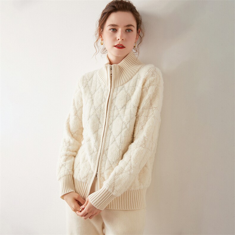 毛巾绣工艺~DI家同款baby小山羊绒针织开衫女高领宽松外套上衣，女装羊绒衫，绒创羊绒