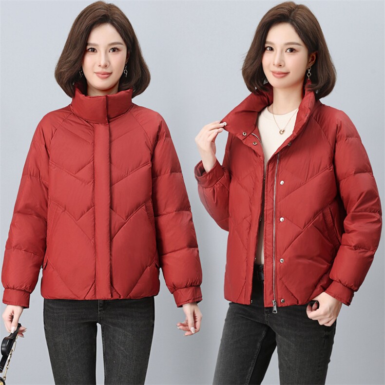 红色立领羽绒服女2024冬季新款中年妈妈高端洋气小个子白鸭绒外套,女装羽绒服,木橙西子
