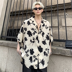 潮港风复古花卉满印短袖衬衫男夏季潮牌街头百搭休闲衬衣P48，男装衬衫，电商C307