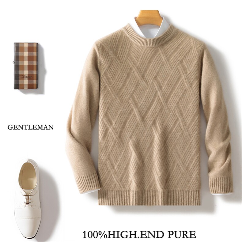 男秋冬羊毛半高领毛衣经典格纹舒适保暖百搭休闲展现绅士风度，男装羊毛衫，邓利维