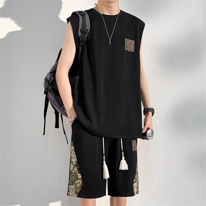 夏季男士无袖T恤短裤休闲运动套装薄款刺绣一套A266-TZ1158-P46,男装牛仔裤,电商A266