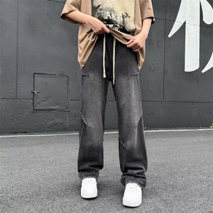 美式潮流牛仔裤男生复古水洗做旧宽松直筒裤港风ins阔腿裤子潮男图片