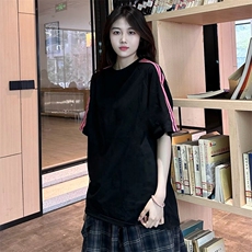 抖音得物品质二开240克宽松纯棉美式潮牌印花三条杠中性风短袖T恤，男装T恤，电商A486