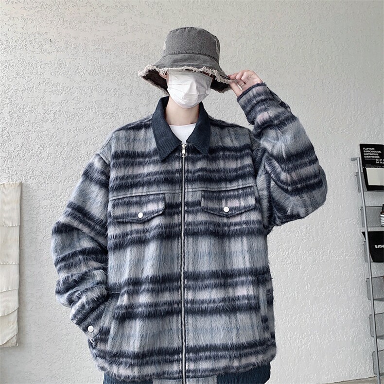 现货港风毛呢夹克男宽松格子呢子大衣外套DSA157B-J237-特P90,男装夹克,电商A157B