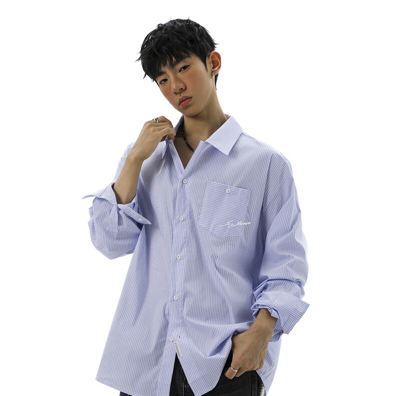 无影墙刺绣竖条纹设计蓝色大码M-5XL潮流长袖衬衫CS78097P45控68，男装衬衫，星座227-7