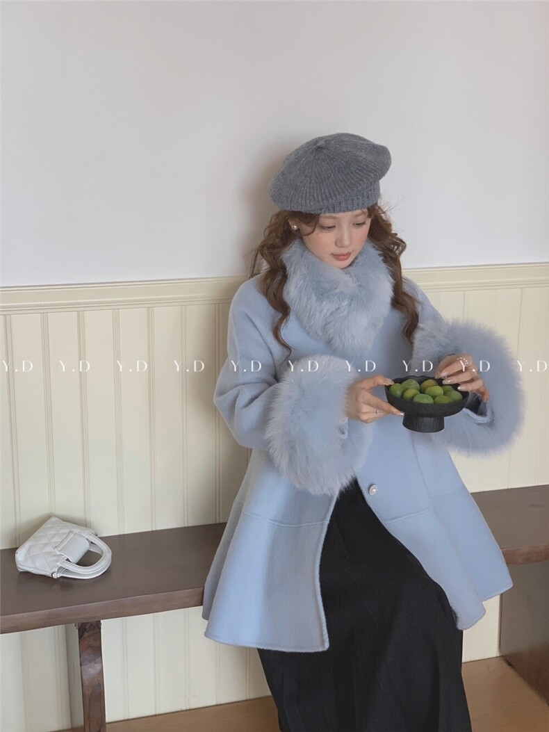 冬上新！双面羊绒大衣女冬法式气质高级感羊毛外套(配毛,女装双面呢大衣,依嘟服饰