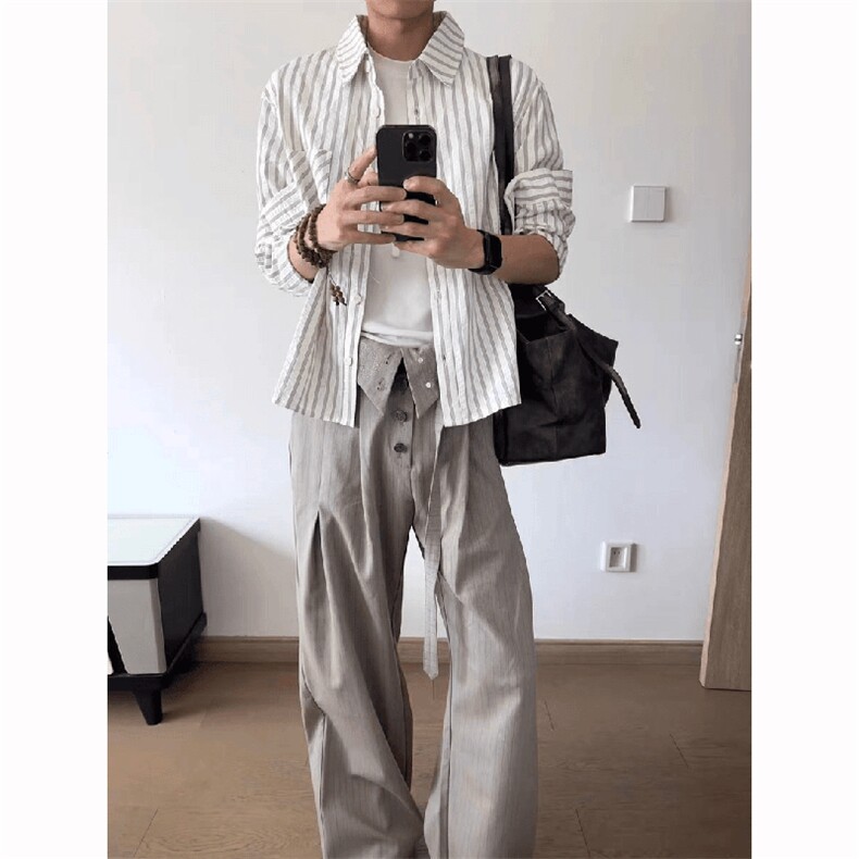 美式潮牌高街复古泡泡纱竖条纹日系肌理长袖衬衫男女休闲宽松衬衣，男装衬衫，电商A443