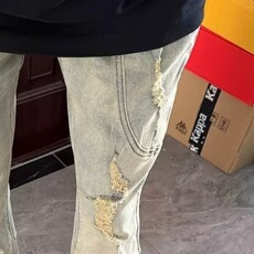 美式街头破洞贴布直筒牛仔裤男士潮牌夏季水洗垂感高街浅色裤子男，男装牛仔裤，星座506A