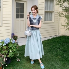 高级感条纹T恤设计感显瘦上衣韩系工装半身裙时尚两件套装，女装套装/套裙，2C166