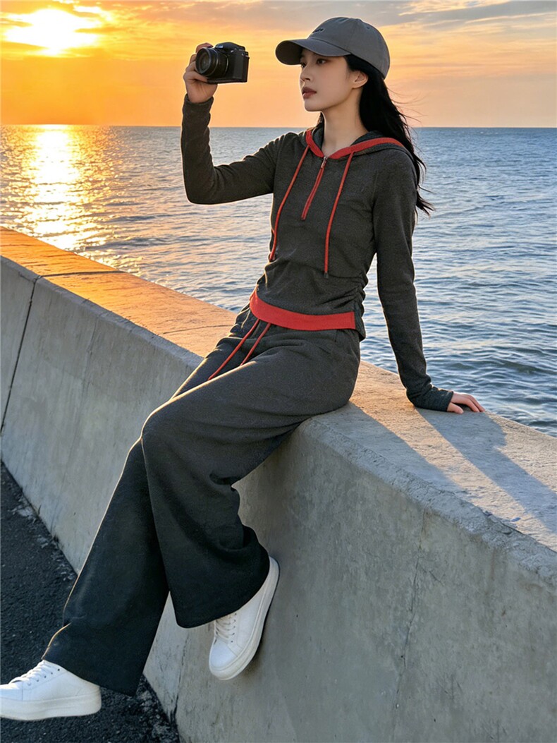 小众设计感女春新款时尚洋气撞色拼接连帽上衣高腰阔腿长裤两件套,女装套装/套裙,江南