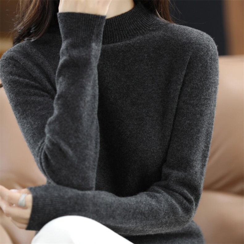 简约气质卷边半高领纯羊毛衫秋冬女修身黄毛衣百搭针织打底羊绒衫,女装羊毛衫,片语羊绒