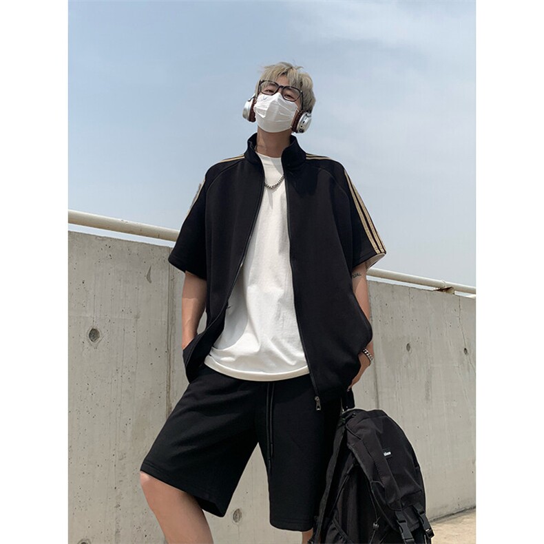 胖胖哥港风潮流三条杠短纯色袖t恤男夏季大码宽松百搭休闲五分裤,男装T恤,电商A007