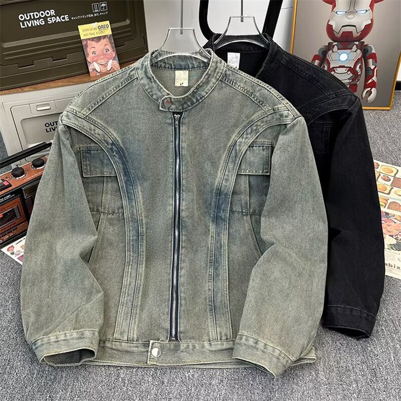 重工解构拼接设计垫肩牛仔长袖外套男廓形拉链立领cleanfit夹克,男装工装外套,星座601-1