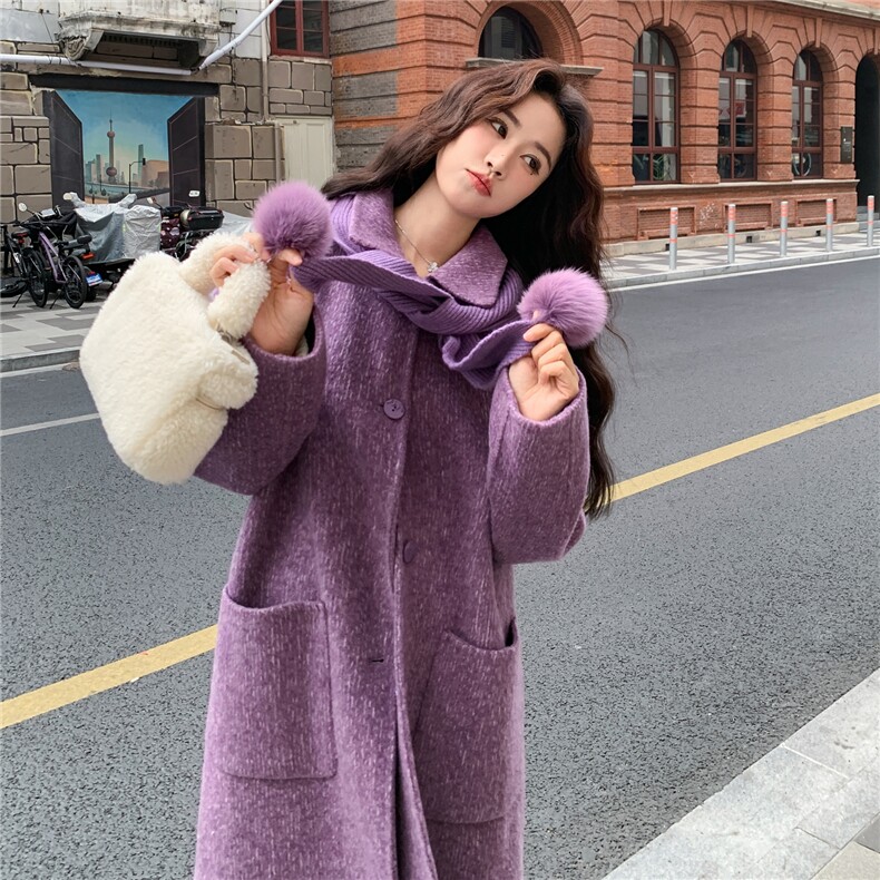 紫色双面羊绒大衣女2025冬季新款韩系超好看高级感围巾款毛呢外套,女装羊绒大衣,2C056