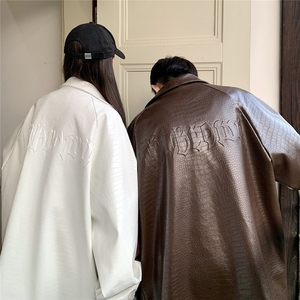 大码pu皮衣夹克钢印美式女复古oversize显瘦设计感情侣机车外套秋图片