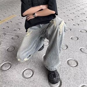 美式高街微喇牛仔裤男夏季薄潮牌直筒个性破洞vibe裤子22566-p47图片