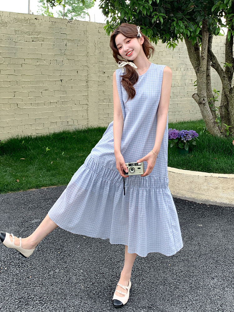 甜美格子连衣裙女2025夏季新款气质休闲无袖背心裙宽松显瘦长裙子,女装连衣裙,浙宝220