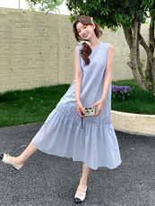 甜美格子连衣裙女2025夏季新款气质休闲无袖背心裙宽松显瘦长裙子，女装连衣裙，浙宝220