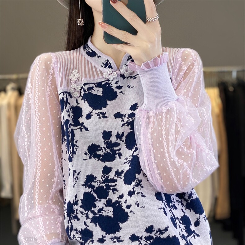 时尚优雅女士羊毛衫精致蕾丝拼接舒适保暖修身显瘦,女装羊毛衫,宛庄羊绒