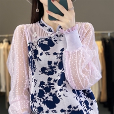 时尚优雅女士羊毛衫精致蕾丝拼接舒适保暖修身显瘦，女装羊毛衫，宛庄羊绒