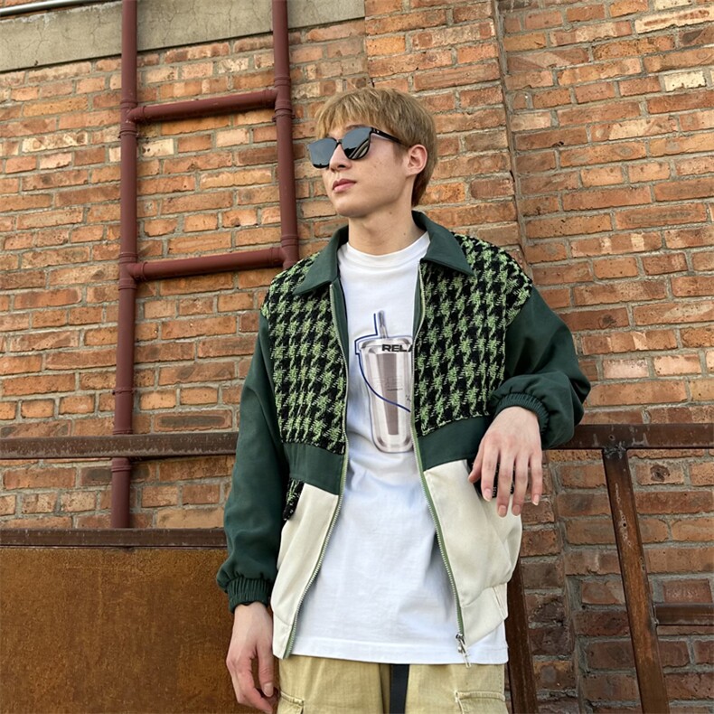 小香风千鸟格撞色拼接夹克外套男高级感韩版宽松JW52-P73,男装夹克,星座1109-3