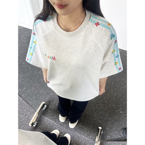 短袖T恤男女夏新款条纹宽松设计感五分袖潮牌休闲情侣体恤T1227图片