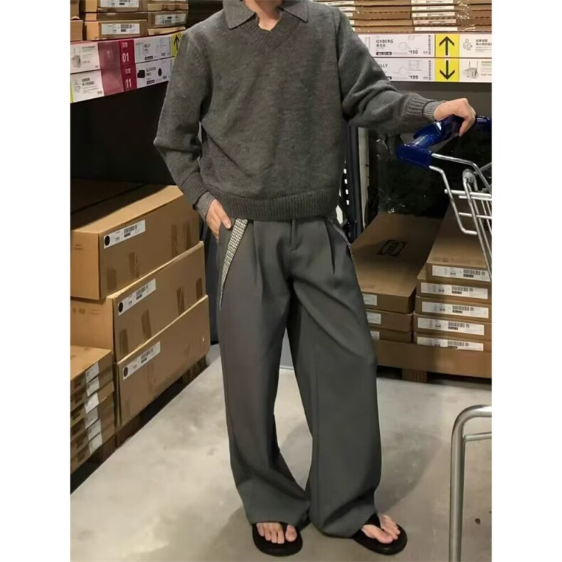 小众高级感高智百搭cleanfit阔腿休闲裤男千鸟格拼接直筒宽松西裤图片
