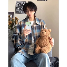 1403-P36美式复古格子衬衫男2025春秋长袖休闲宽松港风潮流情侣，男装T恤，电商B323A