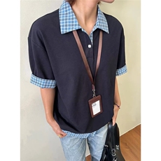假两件格纹拼接短袖polo衫男夏季美式t恤上衣CTX20，男装T恤，星座208-5