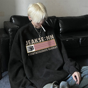 麂皮圆领卫衣男大码美式复古印花潮流宽松JK23471特批36控68图片