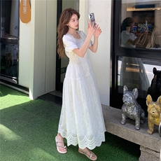 法式蕾丝拼接提花米白色连衣裙女夏季2025新款收腰显瘦轻熟风长裙，女装连衣裙，2C090