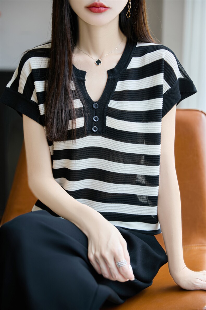 条纹冰丝V领针织短袖女2025新款夏季超好看小飞袖薄款针织衫上衣,针织衫/毛衣,源达羊绒