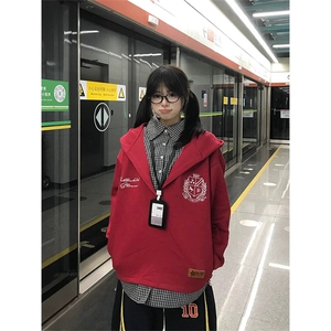 网图有货 美式复古大V领刺绣假两件连帽卫衣男女宽松上衣A861-P58图片