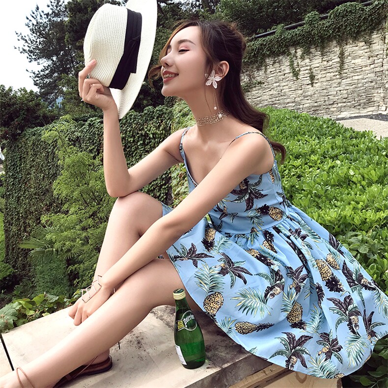 2021年夏季中裙印花套头高腰V领连衣裙吊带显瘦修身，女装连衣裙，诗贝淇