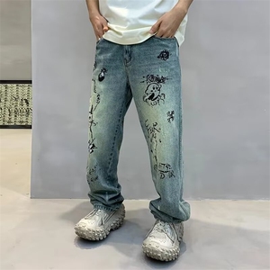 美式复古做旧个性涂鸦印花直筒牛仔裤男宽松男生长裤潮流CK8823图片