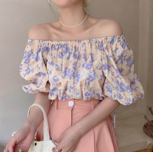 和风碎花一字肩泡泡袖上衣，女装，新袖