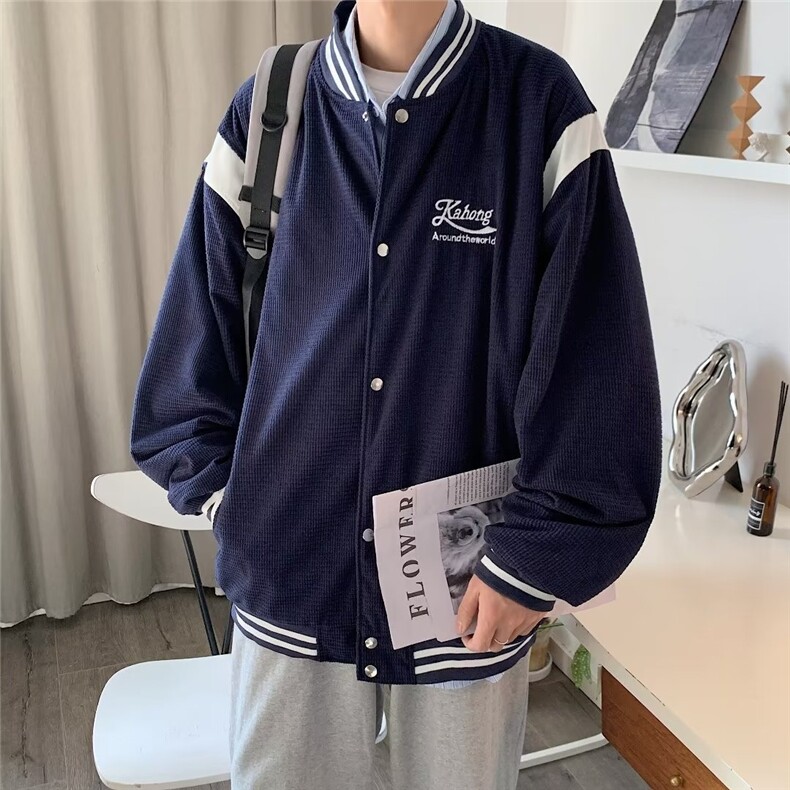 字母刺绣华夫格棒球服外套男春秋款宽松男生休闲运动夹克JK668,男装夹克,星座1116A-1（原606A）