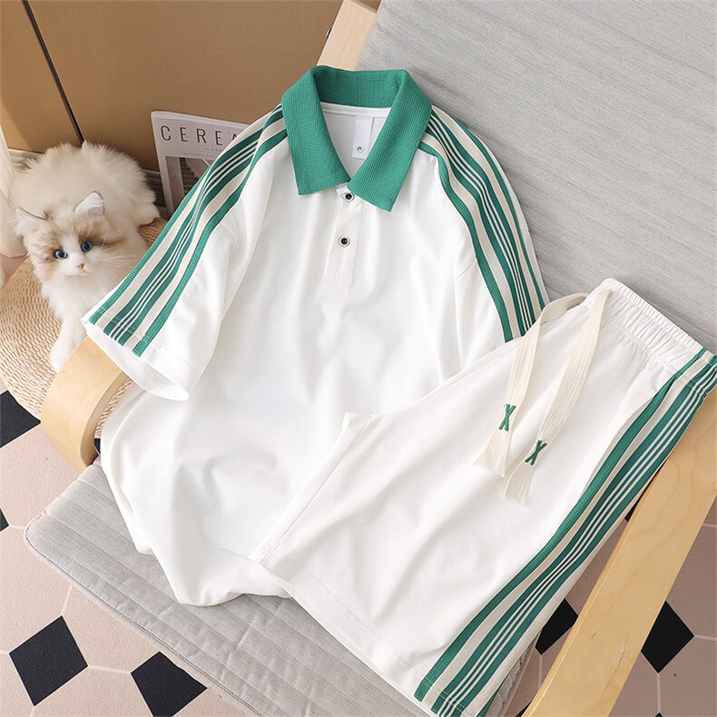 主推大码港风情侣翻领polo短袖五分裤日系休闲套装男S19P65，男装休闲套装，电商B226