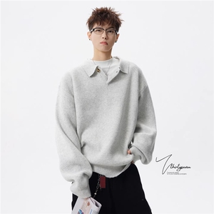 1506/QY150/P59级感POLO领毛衣外套男冬潮纯色针织衫美式百搭图片