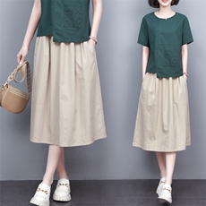 棉麻半身裙女夏薄款中年妈妈宽松遮胯显瘦松紧腰中长款时尚a字裙，女装半身裙，璐依舞