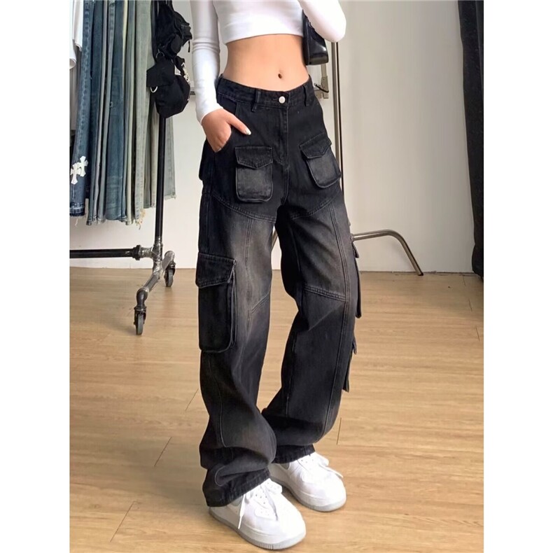 美式高街复古牛仔工装裤女2025新款vibe宽松显瘦直筒阔腿拖地裤子,男装工装外套,星座506A