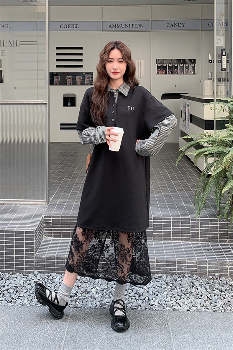 学院风穿搭黑色套装女秋超火好看高级假两件衬衫上衣半身裙两件套,女装套装/套裙,2C010