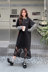学院风穿搭黑色套装女秋超火好看高级假两件衬衫上衣半身裙两件套，女装套装/套裙，2C010