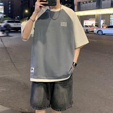 2026夏装男圆领拼色拼接麂皮绒五分袖短袖T恤T800/P35灰色，男装T恤，电商A094